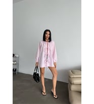 GÖMLEK POPLİN HAKİM YAKA ÖNDEN BAĞLAMA İP DETAYLI - Pembe (Pembe)