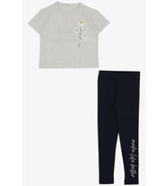Breeze Kız Çocuk Taytlı Takım Çiçek & Yazı Baskılı Fiyonklu 5-10 Yaş, Açık Gri Melanj