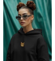 Sarman (Ginger Tabby) Kedili Hoodie Unisex %100 Pamuk  Siyah Kapüşonlu Sweatshirt Göğüs Ortası Minimal Logo