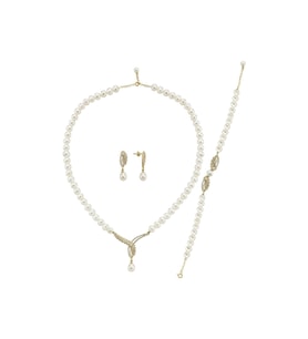 Yaprak Taşlı Doğal İnci Küpe Kolye Bileklik Üçlü Set (Sarı)