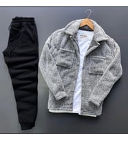 Unisex Gri Peluş Polar Hırka Gömlek Siyah Eşofman Altı Takım (Gri - Siyah)