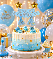 Pasta Üstü Çubuklu Happy Birthday Yıldızlı Tüllü Mavi Süs Doğum Günü Parti Dekoru