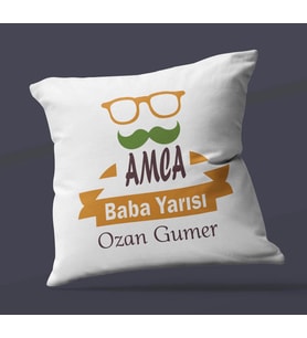 Kişiye Özel Amca Baba Yarısı Tasarımlı Saten Kare Yastık (Beyaz)