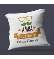 Kişiye Özel Amca Baba Yarısı Tasarımlı Saten Kare Yastık (Beyaz)
