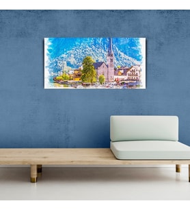 Dağ ve göl temalı Kasaba Yağlıboya Görünümlü Kanvas Tablo 60 x 120