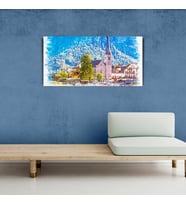 Dağ ve göl temalı Kasaba Yağlıboya Görünümlü Kanvas Tablo 60 x 120