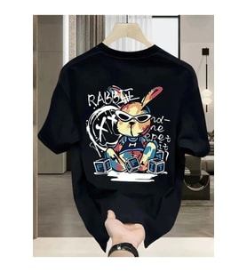 Baskılı Oversize Bisiklet Yaka T-shirt - Siyah