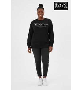 Kadın Büyük Beden El Yazılı California Baskılı Bisiklet Yaka ince Sweatshirt SPR26BSWK956-7