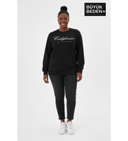 Kadın Büyük Beden El Yazılı California Baskılı Bisiklet Yaka ince Sweatshirt SPR26BSWK956-7 (Siyah)