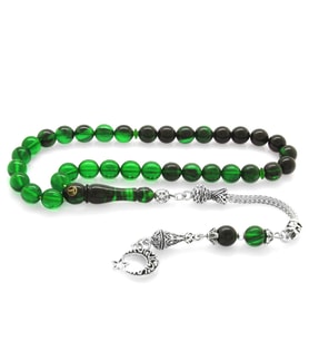 Kararmaz Metal Ayyıldız Püsküllü Küre Kesim Yeşil-Siyah Ateş Kehribar Tesbih
