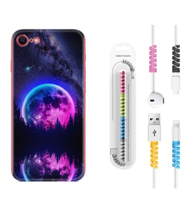Apple iPhone 5 6 7 8 Plus Se XR Kılıf Kablo Koruma Spiral Silikon Star Planet 1652