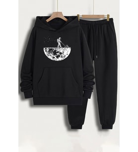 Unisex Uzay Temalı Baskılı Eşofman Takımı (Siyah)