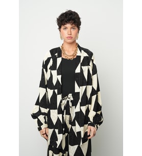 Kadın Geometrik Üçgen Desenli Modern Oversize Kimono (Siyah)