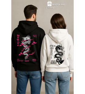 Sevgili Çift Kombin Ejderha Baskılı Hoodie Unisex Oversize Kapüşonlu Sweatshirt 2’li Set 3 İplik (Siyah)