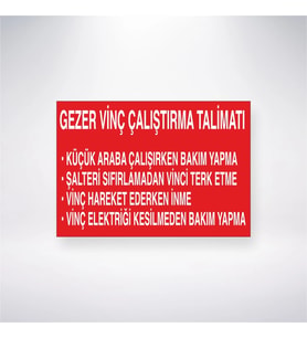Gezer Vinç Çalıştırma Talimatı 21x28 Arkası Yapışkanlı Levha