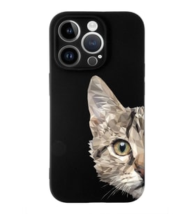 Apple iPhone 14 Pro Max Uyumlu Lansman Kılıf Catface Tasarımlı İçi Kadife Kapak-Siyah (Şeffaf)