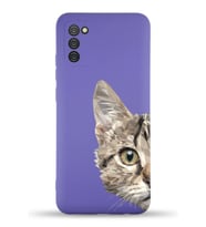 Samsung Galaxy A02s Uyumlu Lansman Kılıf Catface Tasarımlı İçi Kadife Kapak-Mor (Şeffaf)