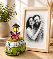 Kişiye Özel Karakalem Fotoğraflı Ahşap Çerçeveli Yeşil Vosvos Minibüs Masa Lambası