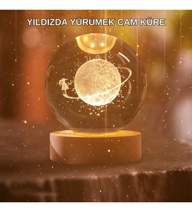 Kız Figürlü Sarı Cam Küre Işıklı Büyük Boy Ahşap Standlı Dekor