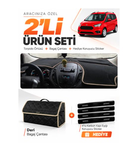 e-biz FORD COURİER (2013-2020) EKRANSIZ Uyumlu Torpido Örtüsü + Deri Çanta - Siyah-Bej - FO004