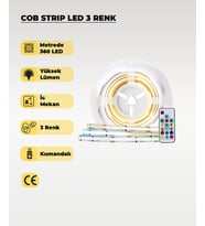 12V COB Şerit Led 3 Renk Işık  -Kumandalı- Metrede 360 Led - 5 Metre (Günışığı)