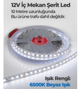 12V İç Mekan Şerit Led 10 Metre 6500K Beyaz Işık Kesilebilir LED Şerit Trafo Hariç