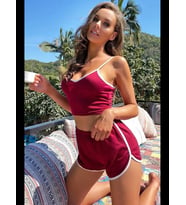 Fantezia Night Kadın Bordo Askılı Crop Top ve Şortlu Gecelik Takım