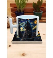 Kediler ve Sanat/Van Gogh Yıldızlı Gece The Starry Night Set 9 - T Kulplu Fincan Kupa-Taş Bardak Altlığı 8