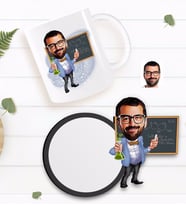 BK Gift Kişiye Özel Erkek Kimya Öğretmeni Karikatürlü Beyaz Kupa ve Ahşap Bardak Altlığı Hediye Seti-1