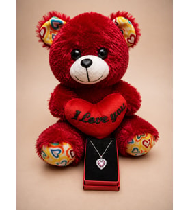 Kırmızı I Love You Peluş Ayıcık ve Kalp Taşlı Kolye Hediye Seti