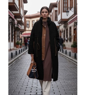 Beli Bağcıklı Kadın Fermuarlı Peluş Ceket