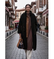 Beli Bağcıklı Kadın Fermuarlı Peluş Ceket (Siyah)