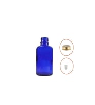 30ml mavi şişe sarı metal düz kapaklı, 24 adet, cam şişe, esans şişesi, yağ şişesi, kozmetik şişesi