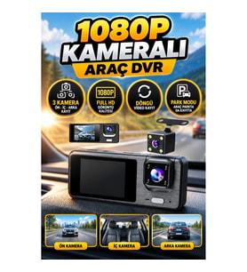 3 Kameralı 1080P Araç İçi DVR Kamera – Ön İç Arka Kayıt, Döngü Video ve Park Modu