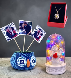 Muhteşem Hediye Seti Renkli Işıklı Fanus, 3 Fotoğraflı Baykuş ve Tasarım Kolye (Model 2)