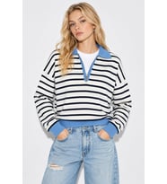 Oversize Kesim Fermuarlı Polo Yaka Çizgili Triko Kazak- Lacivert-Mavi