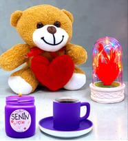 Sevimli Premium Hediye Seti Mor Kahve Fincanı, Mum, Ayıcık, Renkli Işıklı Fanus (Model 6)