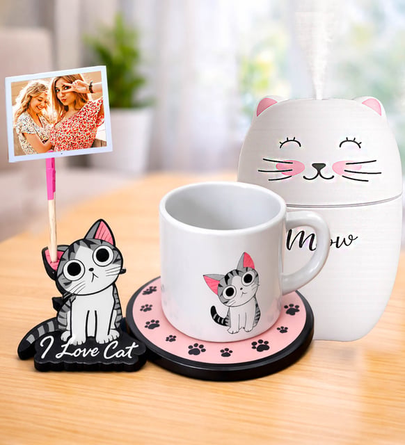 Kişiye Özel Kedi Tabaklı Kupa & Kedi Hava Nemlendirici H2o Arkadaşa Hediye