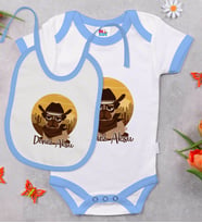 BK Kids Kişiye Özel Sevimli Kovboy Tasarımlı Mavi Bebek Body Zıbın ve Mama Önlüğü Hediye Seti