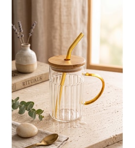 Bambu Kapaklı Cam Pipetli Kupa 420 Ml Gri