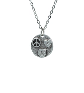 Peace - Kalp - Smile Erkek Kadın Kolye Antik Gümüş Kaplama - 60 cm Düz Zincir
