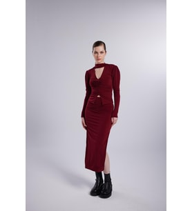 Çift Yırtmaçlı Maxi Serre Etek Bordo