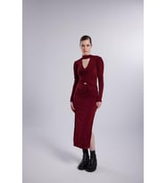 Çift Yırtmaçlı Maxi Serre Etek Bordo