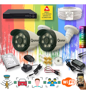 Qromax 2 Kameralı Set - Yapay Zeka Özellikli Gece Renkli Gösteren 8 Warm Ledli TurboHD Güvenlik Kamerası Seti 3908W-104