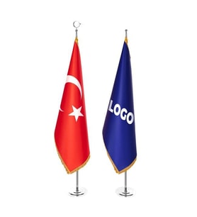 Türk Makam Bayrağı ve Logolu Makam Bayrağı + Krom Direk (Simli) (Kırmızı)