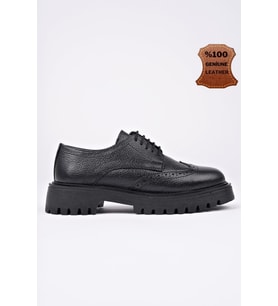 Muggo AMOUR  Bağcıklı Hakiki Deri Kalın Taban Günlük Casual Makosen Kadın Loafer Ayakkabı (Siyah)