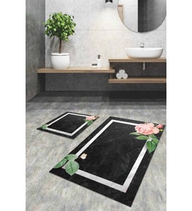 Füme Çiçek Desenli Banyo Halısı Klozet Paspas Seti BS008