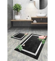 Füme Çiçek Desenli Banyo Halısı Klozet Paspas Seti BS008