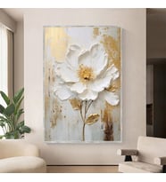 Tablolife Soyut Gold Beyaz Çiçek 3D Yoğun Yağlı Boya Dokulu Tablo Gümüş Çerçeve