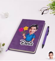 BK Gift Kişiye Özel Erkek Karikatürlü Mor Termo Deri Defter Kalem Seti Model 1